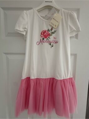 MonnaLisa White and Pink Floral Tulle Dress for Girls